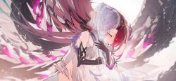2girls blue_hair blush braid closed_eyes crying elbow_gloves fading fate/grand_order fate_(series) floating_hair game_cg gloves hair_between_eyes hairband hotosoka hug long_hair multiple_girls official_art open_mouth red_hair ribbon third-party_source transparent typhon_ephemeros_(fate) typhon_epsilon_(fate) upper_body yellow_eyes