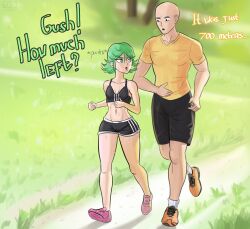 1boy 1girl absurdres artist_request bald bare_legs bare_shoulders bike_shorts black_shorts black_sports_bra breasts cleavage competition curly_hair day english_text full_body grass green_eyes green_hair groin gym_uniform highres jogging lips looking_at_another looking_back medium_hair midriff muscular muscular_male navel one-punch_man open_mouth outdoors pectorals running saitama_(one-punch_man) shiny_skin shoes shorts size_difference sky small_breasts sneakers sports_bra sportswear sunset sweat sweatdrop tatsumaki thighs wide_hips