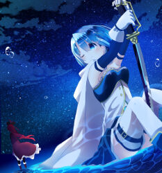 2girls blue_eyes blue_hair blue_theme blush boots bow breasts bubble cape cloud commentary eyelashes fortissimo gloves hair_bow hair_ornament highres holding holding_sword holding_weapon kono_yo_no_inga_wo_hazureta_mono long_hair magical_girl mahou_shoujo_madoka_magica mahou_shoujo_madoka_magica_(anime) miki_sayaka miki_sayaka_(magical_girl) multiple_girls musical_note musical_note_hair_ornament night night_sky one_eye_closed outdoors ponytail red_hair ribbon sakura_kyoko sakura_kyoko_(magical_girl) school_uniform short_hair sitting skirt sky smile standing star_(sky) starry_sky sword thighhighs water weapon white_cape white_thighhighs