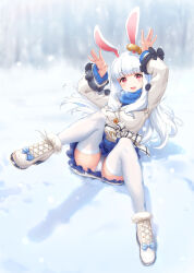 1girl absurdres animal_ears blush boots bow breath coat footwear_bow fur-trimmed_boots fur_trim hands_up highres kamome_yuu lace-up_boots long_hair long_sleeves looking_at_viewer m_legs open_mouth original outdoors panties pink_hair rabbit_ears rabbit_girl rabbit_pose scarf skirt smile snow snowing solo thighhighs underwear very_long_hair white_hair winter