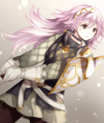 1girl armor brown_hair cowboy_shot expressionless fire_emblem fire_emblem_fates hair_between_eyes hairband jurge long_hair looking_to_the_side nintendo pantyhose pink_hair shoulder_armor soleil_(fire_emblem) solo very_long_hair