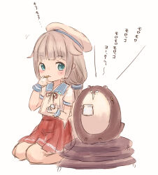 1girl blue_sailor_collar bokukawauso child commentary_request cushion gloves green_eyes grey_hair hat kantai_collection long_hair low_twintails mikura_(kancolle) otter pleated_skirt puffy_short_sleeves puffy_sleeves red_skirt sailor_collar sailor_hat sailor_shirt seiza shirt short_sleeves simple_background sitting skirt twintails white_background white_gloves white_headwear white_shirt wss_(nicoseiga19993411) zabuton