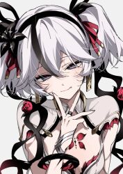 1girl :q black_eyes black_flower blake_bloom_(wuthering_waves) breasts camellya_(wuthering_waves) closed_mouth collar dlckrpwjd111 earrings fingernails flower gold_earrings grey_background hair_between_eyes hair_flower hair_ornament hair_vines hand_up head_tilt jewelry looking_at_viewer red_pupils short_hair simple_background small_breasts smile solo tacet_mark_(wuthering_waves) tongue tongue_out upper_body white_collar wuthering_waves