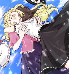 2girls black_skirt blonde_hair brown_hair clear_sky falling fedora frilled_shirt frilled_sleeves frills from_behind hat highres hug long_hair maribel_hearn mob_cap multiple_girls pink_shirt puffy_short_sleeves puffy_sleeves purple_skirt shirt short_hair short_sleeves skirt sky surprised taboo_japan_disentanglement tama_(hiroshige_36) touhou unworn_headwear usami_renko white_shirt yellow_eyes