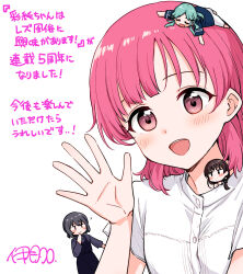 4girls asumi-chan_wa_rezu_fuuzoku_ni_kyoumi_ga_arimasu! black_dress black_hair blue_hair blush brown_hair chishiro_ouka closed_eyes commentary_request dress hand_up harumura_mai highres itsuki_kuro kusumoto_asumi long_hair looking_at_viewer medium_hair multiple_girls ookura_nanao open_mouth pink_eyes pink_hair shirt short_hair simple_background smile translation_request waving white_background white_shirt