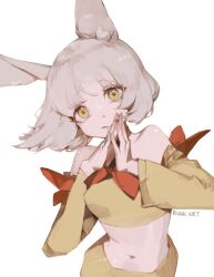 Rule 34 | 1girl, animal ear fluff, animal ears, artist name, bare shoulders, bow, breasts, closed mouth, commentary, cowboy shot, dancer rabbit, detached sleeves, english commentary, highres, long sleeves, looking at viewer, medium breasts, navel, orange bow, rabbit and steel, ramblingrhubarb, short hair, simple background, skirt, sleeve bow, smile, solo, steepled fingers, strapless, tube top, upper body, white background, white hair, yellow eyes, yellow skirt, yellow sleeves, yellow tube top