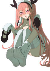 1girl blush breasts cleavage feet highres holding holding_shoes holding_unworn_clothes large_breasts long_hair looking_at_viewer maid mary_janes open_mouth oueeeeeeee pink_eyes pink_hair see-through_clothes see-through_legwear shoes single_shoe soles thighhighs toes twintails unworn_shoes white_thighhighs