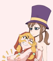 2girls a_hat_in_time aged_up bags_under_eyes behind_another blonde_hair blue_eyes breasts brown_hair closed_mouth completely_nude facial_hair hair_tie hat hat_kid highres large_breasts looking_at_another multiple_girls mustache mustache_girl nipples nude one_eye_closed open_mouth ponytail purple_hat red_hood simple_background small_breasts smile spicy_bardo top_hat upper_body