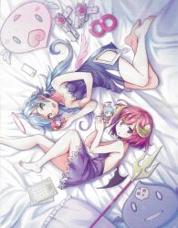 2girls absurdres angel angel_wings artist_request barefoot bed blue_eyes blue_hair cellphone demon_girl demon_horns demon_wings doll ekoro_(galgun) gal_gun_(series) gal_gun_double_peace gun halo highres holding horns kurona_(galgun) looking_at_viewer lying multiple_girls official_art on_bed paper phone pillow polearm red_eyes red_hair scan short_hair trident weapon wings