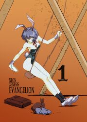 1girl absurdres amondetauro animal_ears ayanami_rei commentary commission english_commentary fake_animal_ears full_body grey_hair highres leotard neon_genesis_evangelion on_swing playboy_bunny rabbit rabbit_ears rabbit_tail short_hair smile solo swing tail