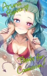 1girl absurdres arm_tattoo aruna_reaver beach bikini black_horns blue_bikini blue_eyes breasts bright_pupils character_name cleavage closed_mouth collarbone commission demon_horns demon_tail eyebrow_piercing eyelashes face_piercing fingernails green_hair hands_on_another&#039;s_cheeks hands_on_another&#039;s_face head_wings heart heart-shaped_pupils heterochromia highres horns indie_virtual_youtuber leg_tattoo midriff mismatched_bikini navel ocean piercing pink_eyes pink_lips pita_goral pov pov_hands red_bikini sharp_fingernails skeb_commission stomach_tattoo swimsuit symbol-shaped_pupils tail tattoo virtual_youtuber white_pupils wings
