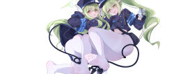 2girls absurdres ass blue_archive demon_tail feet green_hair hat highres hikari_(blue_archive) long_hair looking_at_viewer multiple_girls nozomi_(blue_archive) open_mouth panties panties_under_pantyhose pantyhose pointy_ears siroka soles tail toes twintails underwear white_pantyhose yellow_eyes