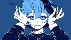 Rule 34 | 1girl, anmyu, black hair, black jacket, blood, blood from mouth, blue blood, blue eyes, blue hair, blue theme, buttons, colored inner hair, commentary, double-parted bangs, facebook logo, flower (vocaloid), flower (vocaloid4), gakuran, grin, hair between eyes, hands up, jacket, layered sleeves, limited palette, long sleeves, looking at viewer, multicolored hair, open mouth, portrait, raised inner eyebrows, school uniform, short hair, smile, solo, straight-on, streaked hair, symbol-only commentary, teardrop facial mark, twitter logo, two-tone hair, villain (vocaloid), vocaloid