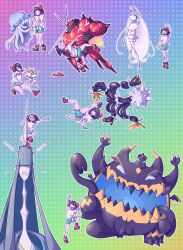 1girl absurdres antennae black_hair black_skin buzzwole cable cable_tail celesteela claws colored_skin dancing fangs gen_7_pokemon green_shorts guzzlord hat highres kartana krwawnik mechanical_tail multiple_views nihilego nintendo open_mouth outline pheromosa pokemon pokemon_(creature) pokemon_sm purple_eyes red_hat selene_(pokemon) shorts tail tentacles ultra_beast white_outline xurkitree
