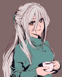 1girl brown_background brown_eyes closed_mouth coffee_mug commentary cup green_sweater hair_between_eyes holding holding_cup hoshina_subaru kaoru_hana_wa_rin_to_saku long_hair long_sleeves looking_at_viewer moshimoshibe mug simple_background smile solo sweater upper_body white_hair