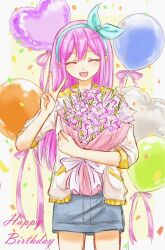 Rule 34 | 1girl, :d, aqua hairband, aubrey (faraway) (omori), aubrey (omori), balloon, blue skirt, border, bouquet, bow, bow hairband, commentary, confetti, cowboy shot, denim, denim skirt, double-parted bangs, english commentary, facing viewer, flower, gladiolus, grey border, hair between eyes, hairband, hand up, happy birthday, heart balloon, holding, holding bouquet, jacket, long hair, miniskirt, omori, open clothes, open jacket, open mouth, outside border, pink bow, pink flower, pink hair, qq (oooomoribiglove), raised inner eyebrows, sailor collar, simple background, skirt, smile, solo, standing, straight-on, three-quarter sleeves, v, white jacket, yellow background, yellow sailor collar
