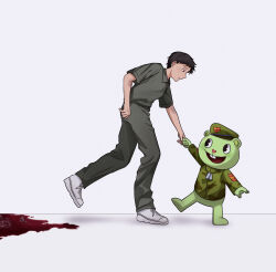 2boys black_hair blood commentary crossover fear_&amp;_hunger_(series) fear_&amp;_hunger_2:_termina flippy_(happy_tree_friends) from_side green_hat green_jacket green_jumpsuit happy_tree_friends hat highres holding_hands jacket jumpsuit levi_(fear_&amp;_hunger) looking_at_another looking_down military_hat military_uniform multiple_boys parted_lips pool_of_blood scaredandhungr second-party_source shoes short_hair short_sleeves simple_background track_marks walking white_background white_footwear