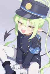 1girl absurdres black_hat black_jacket black_shorts blue_archive butterfly_sitting demon_girl demon_tail earrings fang green_hair green_halo halo hat highres jacket jewelry konjou nozomi_(blue_archive) open_mouth pantyhose pointy_ears shorts sitting skin_fang smile solo tail twintails white_pantyhose