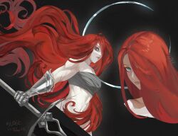 1girl azvdc character_request hair_over_one_eye highres midriff red_hair scar source_request sword tagme weapon