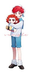 1boy blue_sailor_collar blue_shorts brown_shoes character_doll character_request chinese_commentary closed_mouth commentary_request doll full_body hat highres loafers long_sleeves male_focus nacl511736 red_eyes red_hair revevolution sailor_collar sailor_hat sailor_shirt sample_watermark shirt shoes short_hair shorts simple_background smile socks solo watermark white_background white_hat white_shirt white_socks