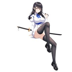 1girl absurdres azur_lane black_hair blush choukai_(azur_lane) flower hair_flower hair_ornament highres katana levy_(comradlevy) light_smile looking_at_viewer mole mole_on_thigh playing_with_own_hair pleated_skirt simple_background skirt smile solo sword thighhighs weapon yellow_eyes