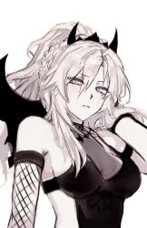 Rule 34 | 1girl, blonde hair, blush, braid, breasts, cleavage, fate/grand order, fate (series), grey eyes, hair ornament, halterneck, highres, kckhsrrr, kriemhild (fate), kriemhild (love delusion) (fate), large breasts, light frown, long hair, looking at viewer, mole, mole under eye, ponytail, revision, shirt, simple background, sketch, sleeveless, sleeveless shirt, solo, white background