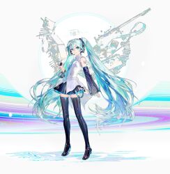 1girl arm_at_side bare_shoulders belt black_boots black_skirt black_sleeves blue_necktie boots closed_mouth collared_shirt crown detached_sleeves frilled_shirt frills full_body hair_between_eyes hatsune_miku hatsune_miku_happy_16th_birthday_-dear_creators- headphones highres long_hair long_sleeves looking_at_viewer loose_belt mini_crown miniskirt necktie number_tattoo pleated_skirt shirt sidelocks skirt sleeveless sleeveless_shirt smile solo tattoo thigh_boots thighhighs tie_clip very_long_hair vocaloid white_shirt yyb zettai_ryouiki
