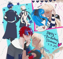 2boys 2girls amemiya_darumi armband back back_focus black_bow black_hair blonde_hair blue_hair blush bow closed_eyes dark-skinned_female dark_skin grey_jacket hands_on_own_face heart hetero holding_hands hoodie jacket kawana_tsubasa kiss last_defense_academy_school_uniform long_sleeves multicolored_hair multiple_boys multiple_girls multiple_views omokage_yugamu ponytail red_hair short_hair striped_clothes sumino_takumi the_hundred_line_-last_defense_academy- twintails white_hoodie yuri