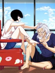 1boy 1girl ^_^ beard black_hair black_shorts bob_cut closed_eyes cloud commentary_request couple facial_hair hand_on_another&#039;s_head highres leg_hair long_hair musasabiop one_piece profile scar scar_across_eye scar_on_face shakuyaku_(one_piece) shirt shorts silvers_rayleigh sitting smile t-shirt white_hair