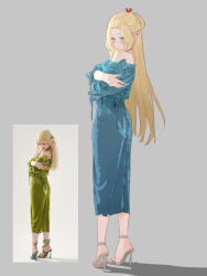 1girl ankle_strap aqua_dress bare_shoulders blonde_hair blush braid braided_sidelocks brown_sandals choker closed_mouth commentary_request cosplay dress dungeon_meshi elf feet forehead full_body green_dress green_eyes grey_background half_up_braid hand_on_own_chin high_heel_sandals highres holding_own_arm long_hair looking_at_viewer marcille_donato marcille_donato_(cosplay) off_shoulder photo-referenced photo_inset pointy_ears red_choker reference_inset sandals shadow simple_background solo standing tang_sanjiao very_long_hair