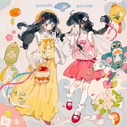 Rule 34 | 2girls, ahoge, animal bag, animal print, ankle socks, aoqun, apple, apple print, bag, basket, belt buckle, beret, black hair, blush stickers, bow, bowtie, braid, buckle, buttons, changmingsuo, chinese clothes, chinese commentary, closed mouth, commentary request, contemporary traditional clothes, crescent, crescent hair ornament, eyeshadow, fashion, floating hair, floral print, flower, folding fan, food, food print, footwear bow, frown, fruit, fruit print, full body, fur-trimmed vest, fur trim, green bow, hair bow, hair flower, hair ornament, hand fan, hand up, hanfu, hat, highres, holding, holding basket, kite, lantern, layered sleeves, leaf print, lofter logo, lofter username, long hair, long sleeves, looking at another, makeup, mary janes, miniskirt, multiple girls, orange eyeshadow, original, outstretched arm, pale skin, paper lantern, pink bow, pink bowtie, pink flower, pink shoes, pink skirt, pink vest, pleated skirt, plum blossoms, purple eyes, putong xiao gou, rabbit bag, rabbit print, red bow, red lips, red shoes, shirt, shoes, shoulder bag, sidelocks, single braid, skirt, socks, vest, waves, white background, white bag, white flower, white shirt, white socks, wide sleeves, yellow bow, yellow bowtie, yellow hat, yellow skirt, yellow vest