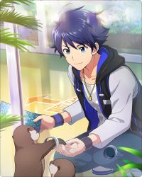 1boy armband blue_eyes blue_hair collarbone fingernails hair_between_eyes holding_paw hood hoodie idolmaster idolmaster_side-m idolmaster_side-m_growing_stars jacket jewelry male_focus necklace official_art otter sea_otter shoes smile sneakers taiga_takeru whiskers