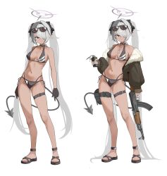 1girl absurdly_long_hair absurdres ak-47 assault_rifle bikini black_bikini black_tail blue_archive breasts dark-skinned_female dark_skin demon_tail dog_tags eyewear_on_head grey_hair gun hair_over_one_eye hair_ribbon halo highres holding holding_gun holding_weapon iori_(blue_archive) iori_(swimsuit)_(blue_archive) jacket kalashnikov_rifle long_hair looking_at_viewer medium_breasts multi-strapped_bikini_bottom navel off_shoulder official_alternate_costume open_clothes open_jacket pointy_ears purple_halo red_eyes ribbon rifle sandals simple_background sunglasses swimsuit tail thigh_strap twintails very_long_hair weapon white_background zi0807