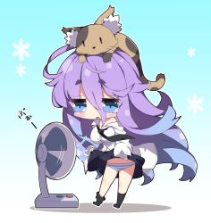 1girl :o animal animal_on_head black_neckwear black_skirt black_socks blue_background blue_eyes blue_hair blush breasts cat chibi clothes_lift collared_shirt commentary_request dress_shirt electric_fan fanning_crotch fanning_self full_body fuyou-chan gradient_background gradient_hair hair_between_eyes highres large_breasts lifting_own_clothes long_sleeves milkpanda multicolored_hair no_shoes on_head original panties parted_lips purple_hair shirt short_eyebrows skirt skirt_lift sleeves_past_fingers sleeves_past_wrists sock_pull socks solo standing striped_clothes striped_panties thick_eyebrows underwear white_background white_shirt