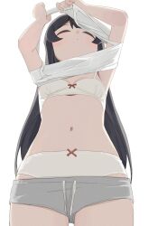 Rule 34 | 1girl, black hair, closed eyes, clothes lift, highres, hiroki (yyqw7151), lifting own clothes, long hair, original, panties, shirt, shirt lift, simple background, solo, underwear, undressing, white background, white panties, white shirt