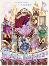 1boy 4girls aurora_(disney) blonde_hair brown_hair closed_eyes colette_(lettiebobettie) dress english_text fauna_(disney) flore_(disney) highres long_hair long_sleeves makeup merryweather_(disney) multiple_girls phillip_(disney) pink_dress short_hair sleeping_beauty_(disney) smile tiara