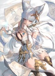 1girl absurdres animal_ears bare_shoulders blunt_bangs breasts dress elbow_gloves erune fingerless_gloves gloves granblue_fantasy grin highres holding holding_quill korwa large_breasts long_hair mismatched_thighhighs mokimi on_stool purple_eyes quill short_dress sitting smile solo very_long_hair white_hair