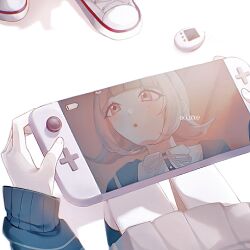 1boy 1girl :o black_jacket blush danganronpa_(series) danganronpa_2:_goodbye_despair dao_(li_0069) flipped_hair handheld_game_console highres hinata_hajime holding holding_handheld_game_console jacket long_sleeves miniskirt nanami_chiaki neck_ribbon pink_ribbon pleated_skirt reflection ribbon shoes skirt sneakers spaceship_hair_ornament