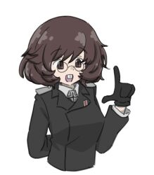 1girl akiyama_yukari arm_behind_back black_cat03 black_gloves black_jacket brown_eyes brown_hair buck_teeth cross girls_und_panzer glasses gloves index_finger_raised iron_cross jacket long_sleeves messy_hair military military_jacket military_uniform nazi nerd_emoji open_mouth round_eyewear shirt short_hair simple_background smile solo teeth upper_body upper_teeth_only white_background white_shirt
