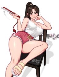 2girls bare_legs bare_shoulders blushyspicy breasts brown_eyes brown_hair cleavage dolphin_shorts family_guy_death_pose_(meme) fatal_fury feet folding_fan foot_out_of_frame han_juri hand_fan high_ponytail highres large_breasts legs long_hair lying meme multiple_girls ninja on_side ponytail sandals shiranui_mai shorts smile street_fighter street_fighter_6 toenails toes