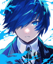 1boy black_jacket blue_eyes blue_hair collared_shirt commentary_request earphones_removed gekkoukan_high_school_uniform hair_over_one_eye highres jacket looking_at_viewer male_focus neck_ribbon parted_lips persona persona_3 persona_3_reload ribbon school_uniform shirt short_hair solo spendsea straight-on upper_body white_background white_shirt yuuki_makoto_(persona_3)