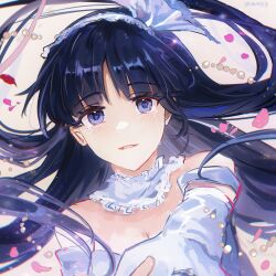 1girl black_hair blue_eyes blunt_bangs crying highres kongmingbubu long_hair looking_at_viewer parted_lips reaching reaching_towards_viewer touma_kazusa upper_body white_album_(series) white_album_2 white_headdress