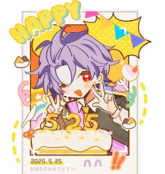 1boy ;d birthday_cake black_jacket cake collared_shirt commentary dated fang food jacket long_sleeves male_focus necktie one_eye_closed open_mouth purple_hair red_eyes saibou_shinkyoku shirt short_hair smile solo theodore_riddle upper_body v w wazawai white_shirt yellow_necktie