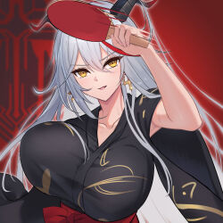 Rule 34 | 1girl, aegir (azur lane), alternate costume, answering, azur lane, black horns, black kimono, bouncing breasts, bow, breasts, cleavage, commentary request, cross, cross earrings, dragon girl, dragon horns, earrings, fang, fingernails, hair between eyes, hair on horn, hand up, highres, holding, holding paddle, horns, iron blood (emblem), iron cross, japanese clothes, jewelry, kimono, large breasts, long hair, long sleeves, motion lines, multicolored hair, multicolored horns, official alternate costume, open mouth, paddle, red background, red bow, red hair, red horns, red sash, sash, slit pupils, solo, streaked hair, sweat, table tennis paddle, translation request, upper body, very long hair, white hair, white sash, wide sleeves, yellow eyes