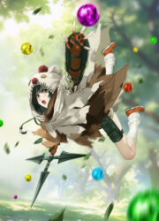 1girl absurdres animal_hood black_hair blurry blurry_background breasts cloak commentary commission cosplay english_commentary falling_leaves final_fantasy final_fantasy_vii final_fantasy_vii_rebirth final_fantasy_vii_remake fingerless_gloves full_body gloves grass highres holding holding_shuriken holding_weapon hood jumping leaf loose_socks materia moogle moogle_(cosplay) nature open_mouth orange_gloves outdoors outstretched_arm short_hair shorts shuriken socks solo spykeee sweater torn_cloak torn_clothes tree weapon white_socks yuffie_kisaragi