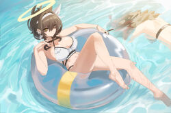 2girls afloat auriel_(behalter) barefoot behalter bikini black_bikini black_nails blonde_hair blood breasts brown_hair cigar closed_mouth cross cross_earrings death earrings eyes_visible_through_hair feet fingernails halo holding holding_cigar innertube jewelry knee_up legs long_bangs looking_at_viewer mole mole_on_breast mole_on_stomach multiple_girls nail_polish navel ocean original partially_submerged soaking_feet solo_focus swim_ring swimsuit toes updo water wet white_bikini yellow_eyes