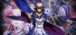 Rule 34 | 1girl, 2boys, adjusting cape, adjusting clothes, arm at side, artist request, black gloves, black shirt, blue cape, broken glass, bullet hole, cape, closed mouth, coat, code geass, code geass: lost stories, euphemia li britannia, game cg, glass, gloves, gold trim, green eyes, hand up, high collar, highres, inset, jacket, kururugi suzaku, long sleeves, looking at viewer, male focus, military uniform, multiple boys, non-web source, official art, pants, serious, shirt, sidelocks, standing, two-sided cape, two-sided fabric, v-shaped eyebrows, white coat, white jacket, white pants, zero (code geass)