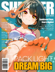 1girl :3 aqua_background barcode bare_legs barefoot bikini black_hair blue_nails blurry blurry_foreground breasts collarbone commentary cover dated davoxime depth_of_field english_commentary english_text eyeshadow feet foot_focus frilled_bikini frills from_below gradient_background hair_between_eyes hand_up highres light_blush light_particles looking_at_viewer looking_down magazine_cover makeup merchandise_available o-ring o-ring_bikini orange_eyes original raised_eyebrows red_eyeshadow short_hair simple_bird small_breasts smile soles solo standing standing_on_one_leg swimsuit toes v white_bikini