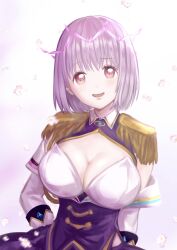 Rule 34 | 1girl, absurdres, breasts, brown eyes, cleavage, cleavage cutout, clothing cutout, collar, corset, epaulettes, gridman universe, highres, hip vent, open mouth, purple corset, purple hair, purple skirt, shinjou akane, shinjou akane (new order), short hair, skirt, smile, solo, ssss.gridman, tamago onrice, white collar