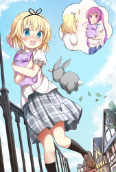 ! 0_0 2girls :d absurdres black_socks blonde_hair blue_eyes blue_sky blush brown_footwear building cloud collared_shirt commentary_request day gift gift_bag gochuumon_wa_usagi_desu_ka? grey_skirt highres holding holding_gift kirima_syaro lamppost leaf loafers long_hair multiple_girls nose_blush notice_lines open_mouth outdoors plaid_clothes plaid_skirt pleated_skirt puffy_short_sleeves puffy_sleeves purple_eyes purple_hair railing school_uniform shirt shoes short_sleeves skirt sky smile socks standing standing_on_one_leg stick_jitb tedeza_rize tedeza_rize&#039;s_school_uniform twintails very_long_hair white_shirt wild_geese